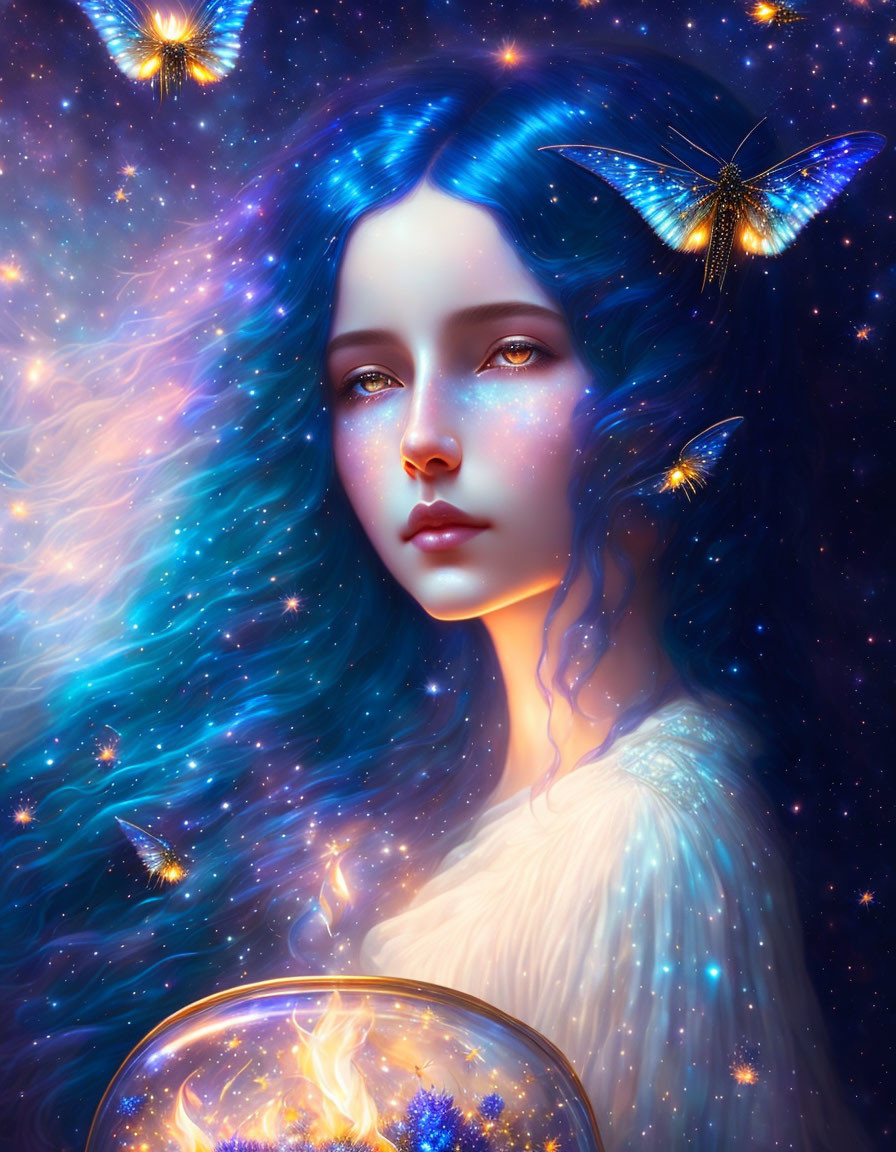 Portrait of woman with star-studded blue hair, butterflies, and flame on cosmic backdrop