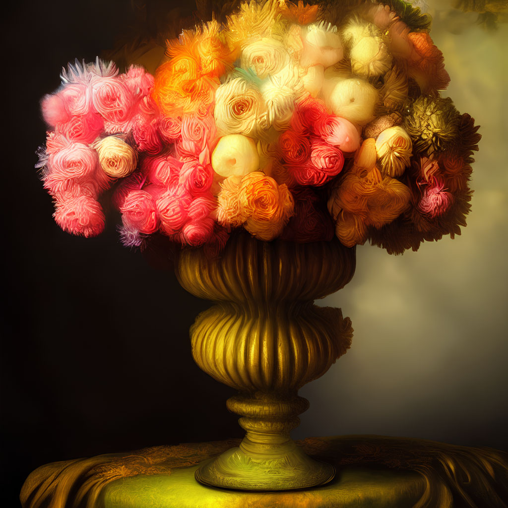 Colorful Fluffy Flowers in Golden Vase on Draped Table