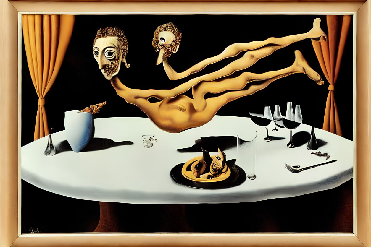 Surrealistic painting of elongated figure with mask, table setting, and draped curtain.