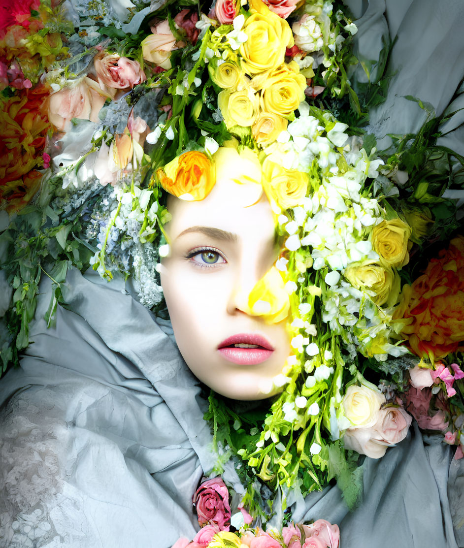 Colorful Floral Portrait Featuring Yellow and Pink Roses