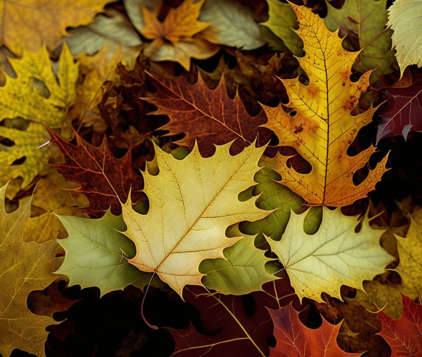 Vibrant autumn leaves in yellow, orange, brown, and green hues