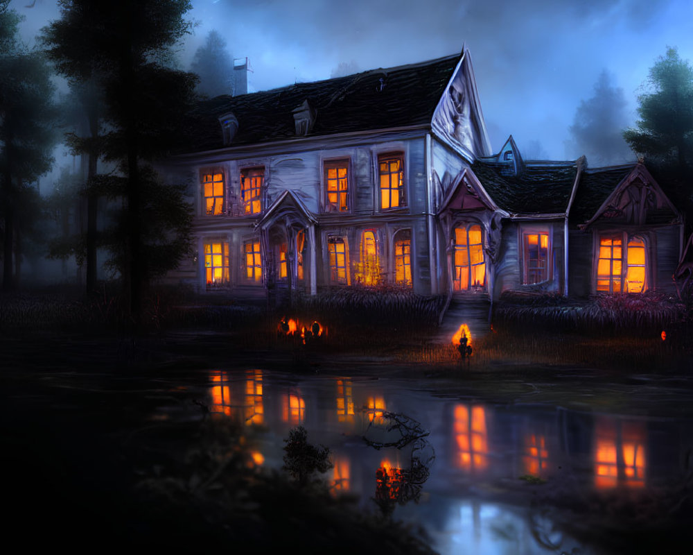 Spooky house in misty forest with lit windows at night