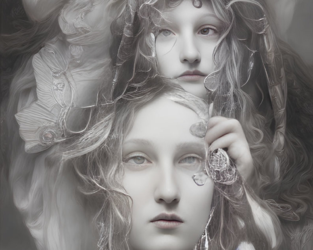 Ethereal portrait of two figures with flowing white and grey hair