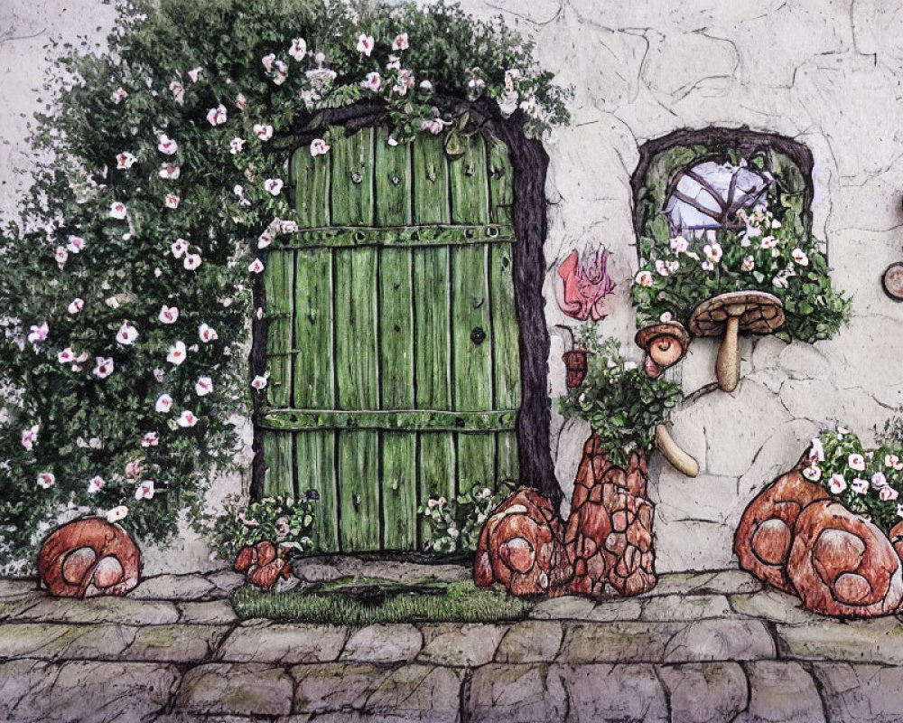 Whimsical illustration of green door in stone wall with snails and heart window