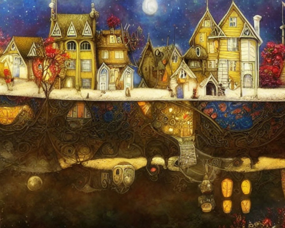 Colorful Whimsical Painting of Crooked Houses and Mirrored Underground World