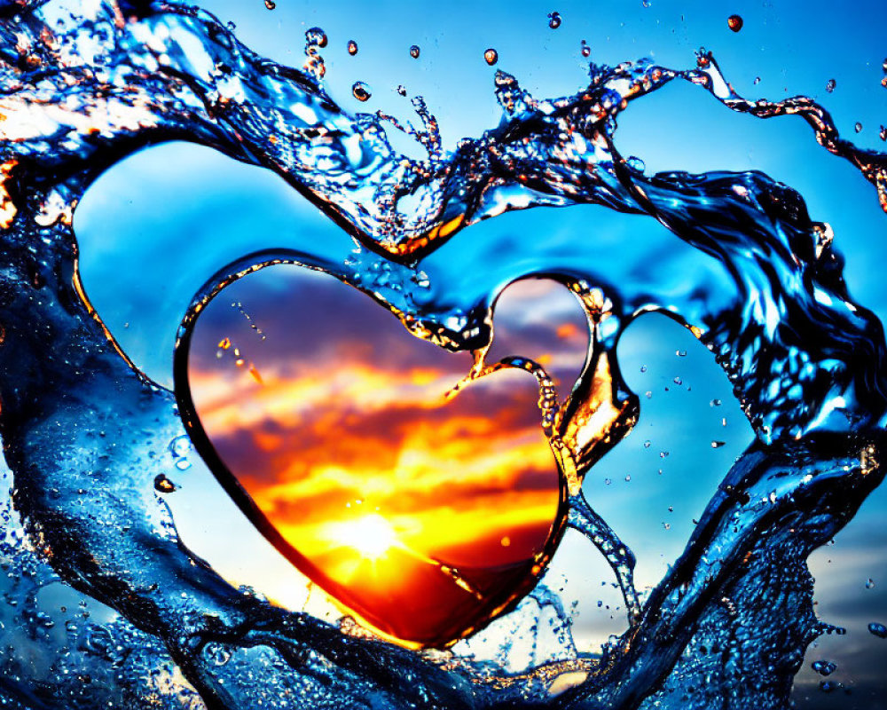 Heart-shaped silhouette framed by splashing water at vibrant sunset.