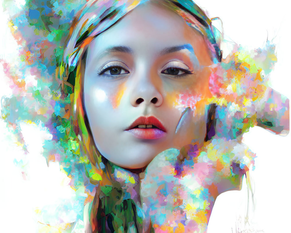 Vibrant digital portrait of serene young woman with colorful paint-like splashes