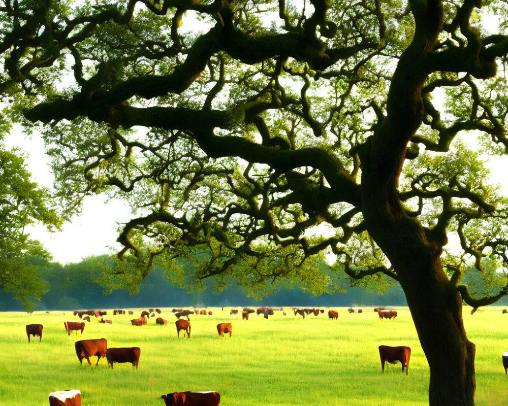 Verdant pasture with grazing cattle under oak tree