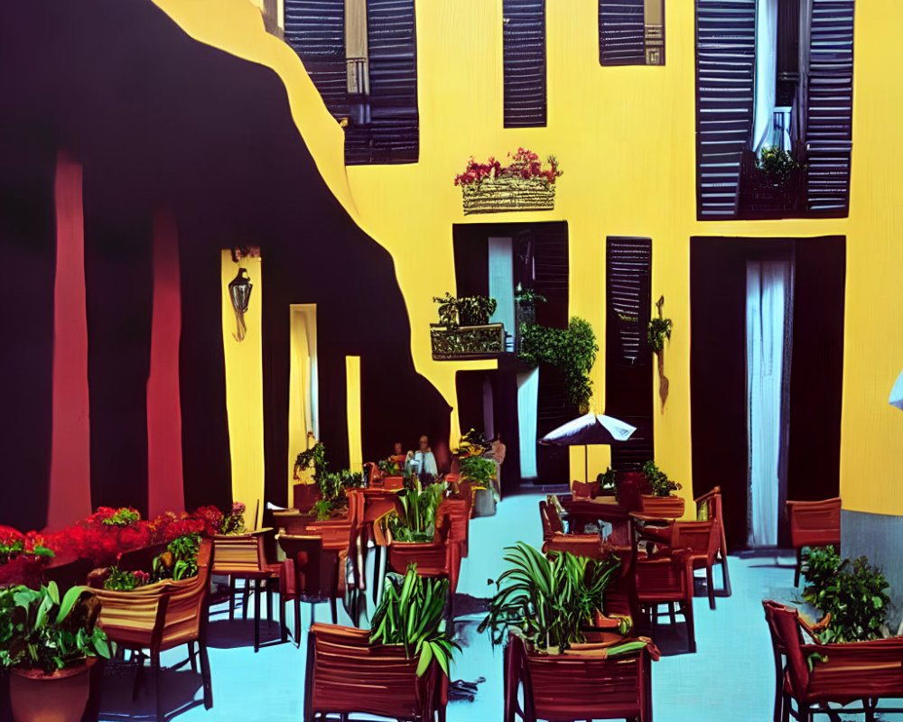 Outdoor Café with Red Chairs, Flower Pots, Yellow Building, and Person in Background