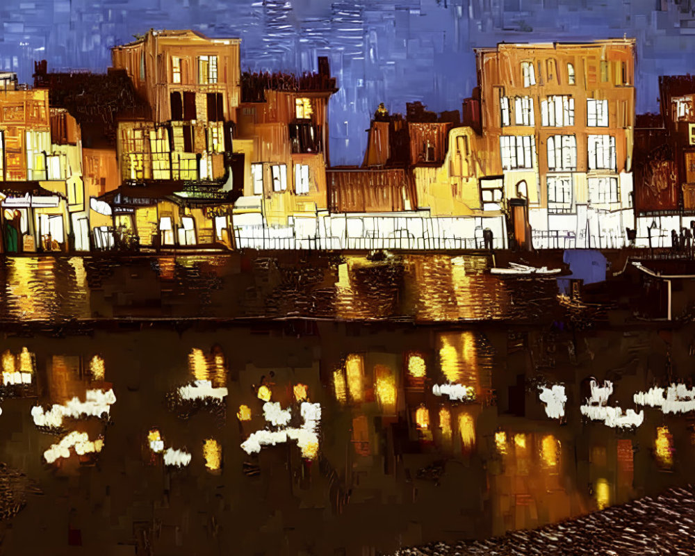 Impressionist-style Night Scene Painting with Buildings and Water Reflections