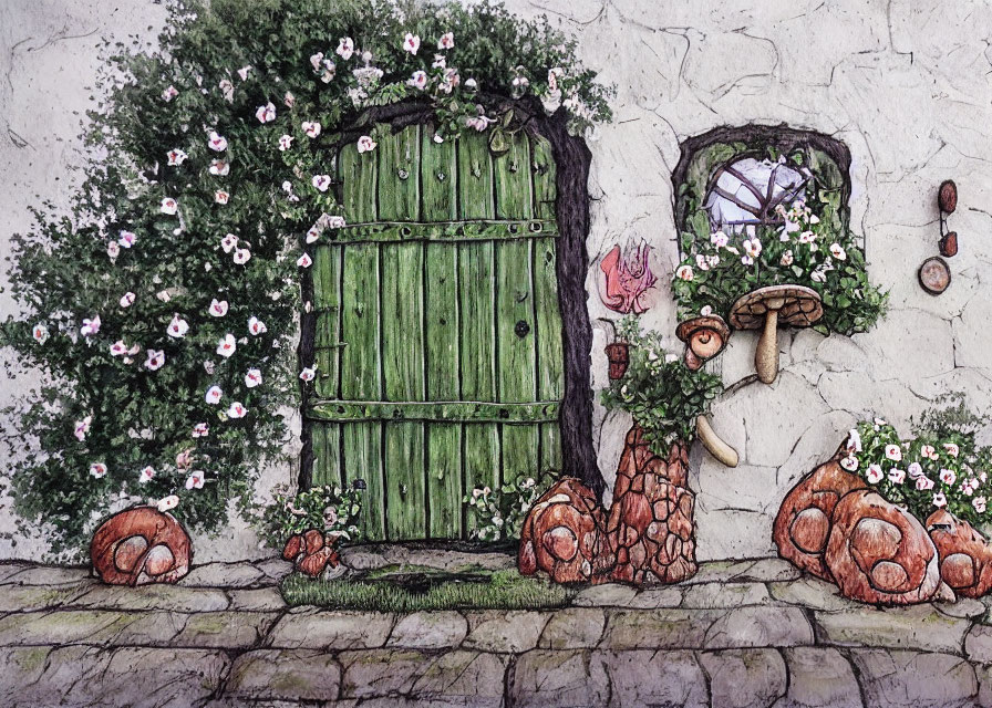 Whimsical illustration of green door in stone wall with snails and heart window
