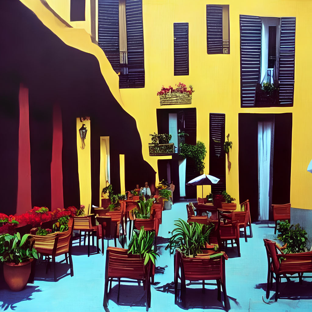 Outdoor Café with Red Chairs, Flower Pots, Yellow Building, and Person in Background