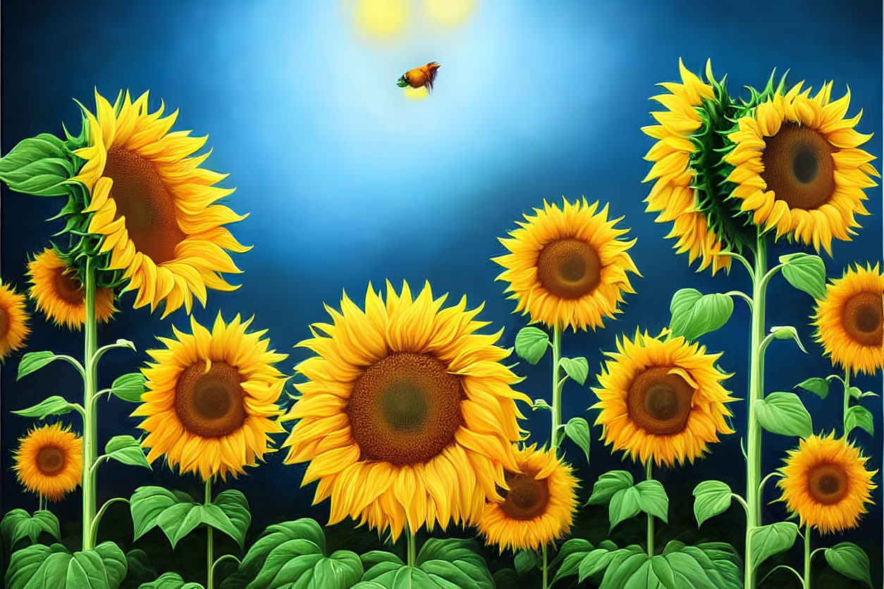 Sunflower Field with Bee under Blue Sky