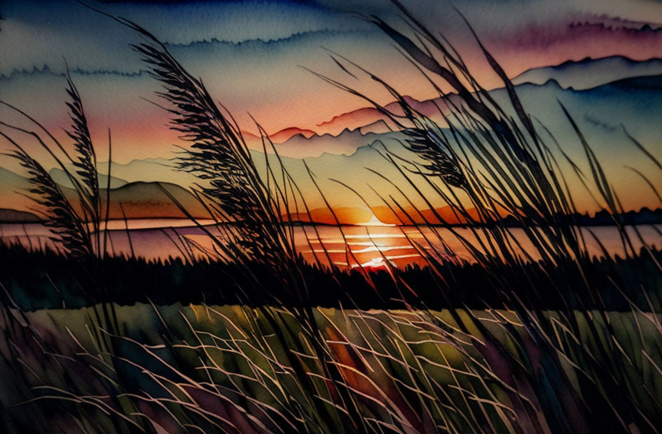 Serene sunset watercolor with reeds, mountains, vibrant sky