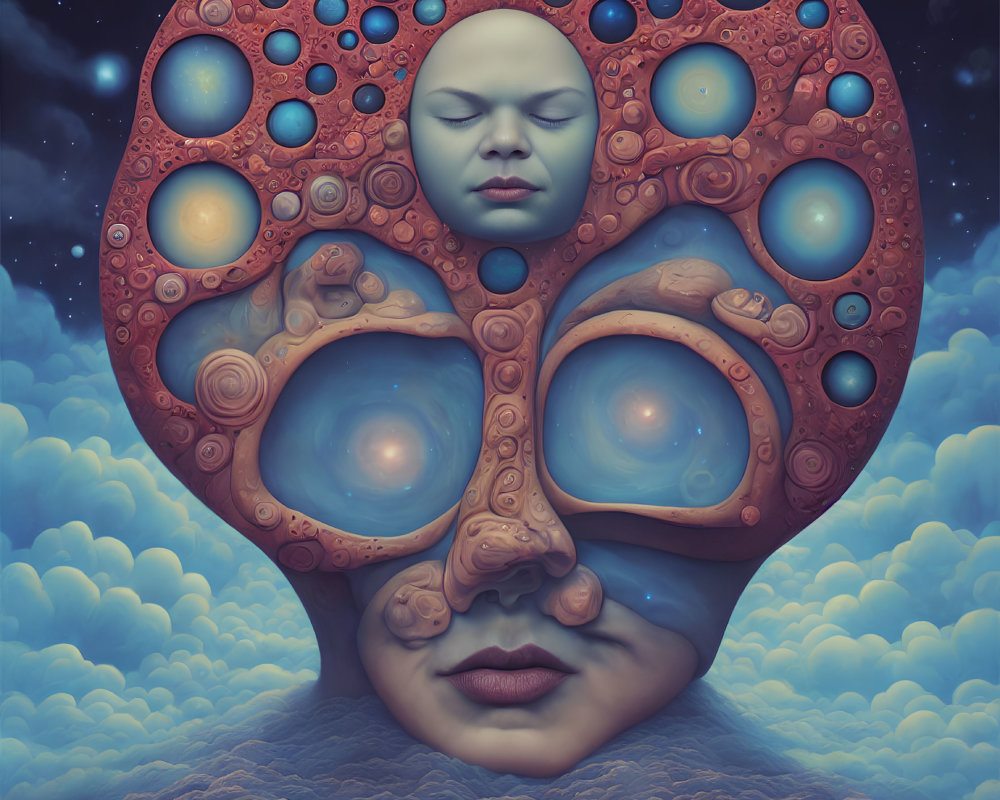 Surreal artwork: Face with tree-shaped head and circular portals on night sky with clouds