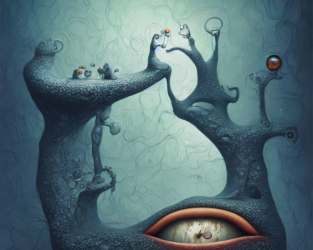 Surreal digital artwork of tree-like structures with eyes, central eye in mouth-like opening