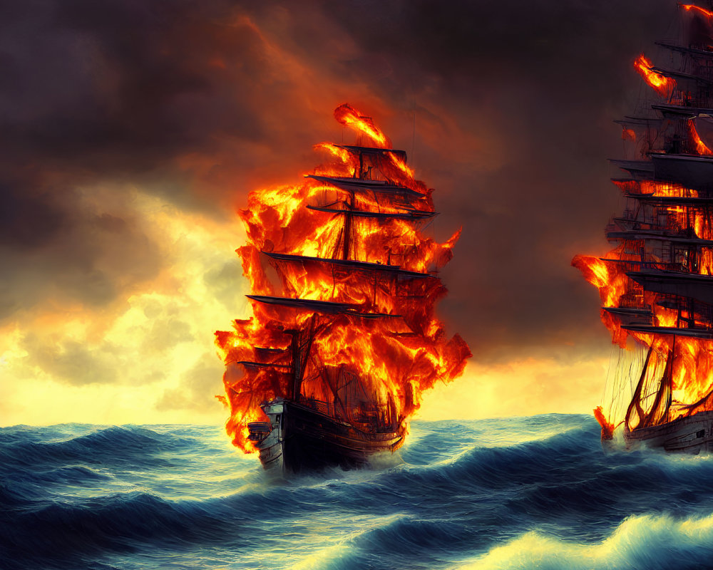 Dramatic scene of sailing ship engulfed in flames on stormy seas