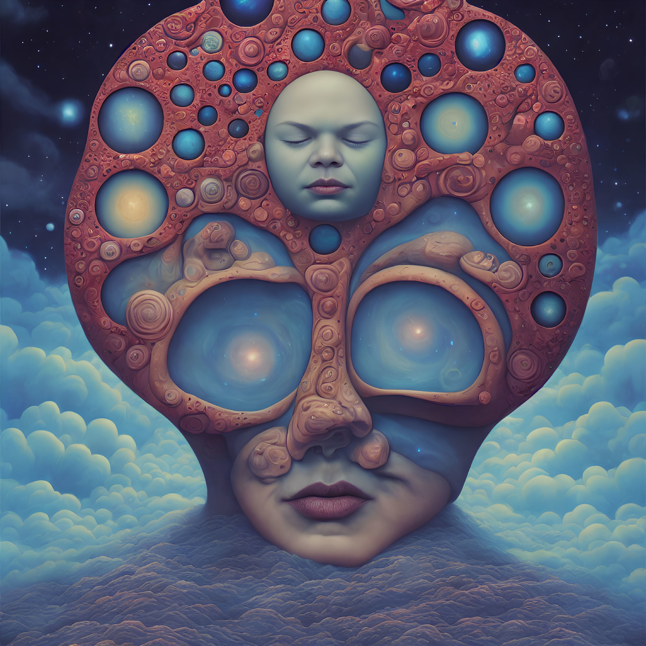 Surreal artwork: Face with tree-shaped head and circular portals on night sky with clouds