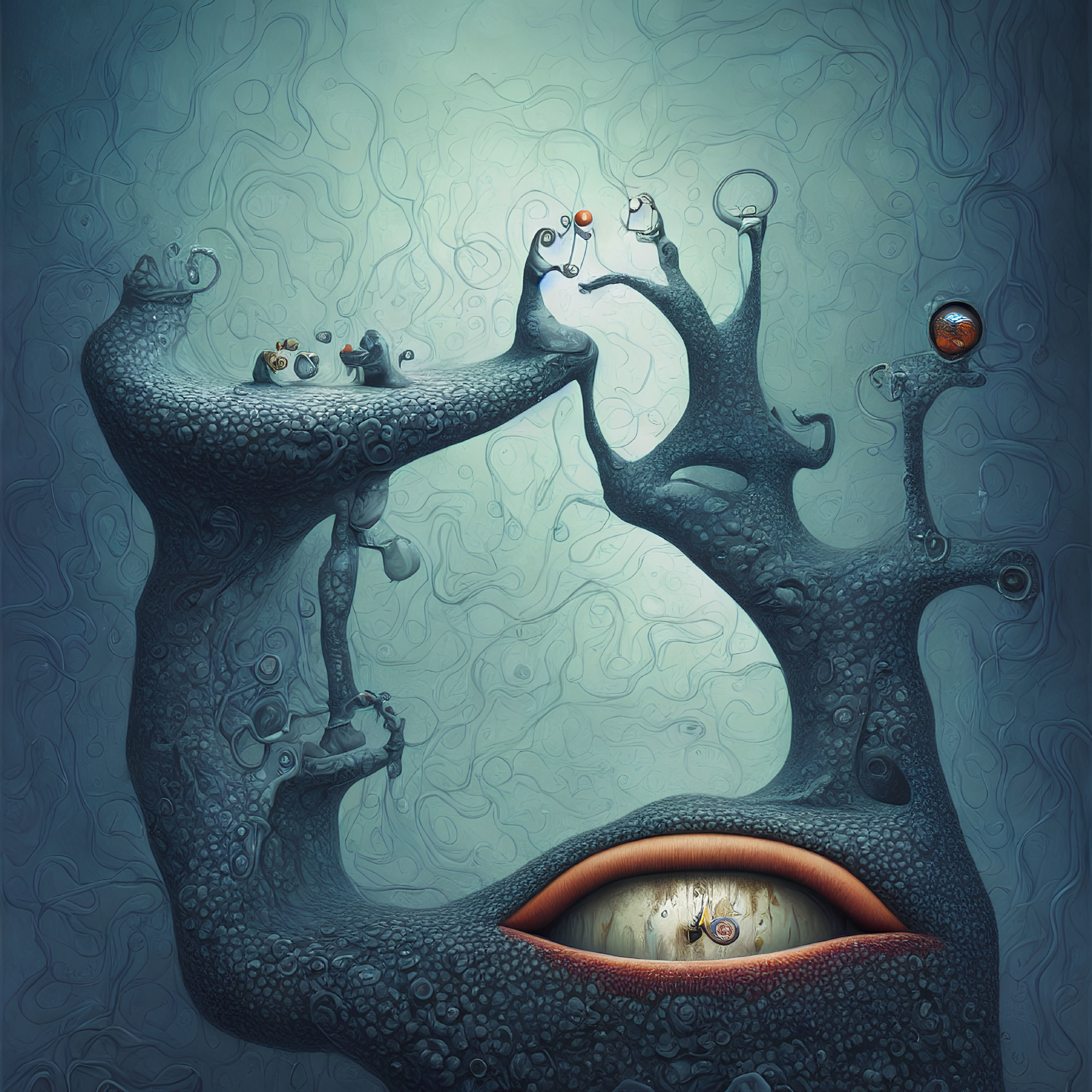 Surreal digital artwork of tree-like structures with eyes, central eye in mouth-like opening