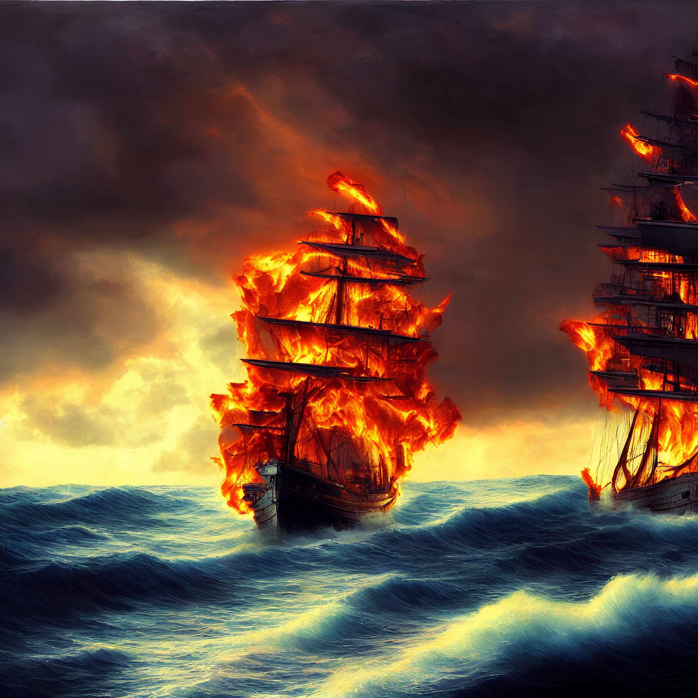 Dramatic scene of sailing ship engulfed in flames on stormy seas