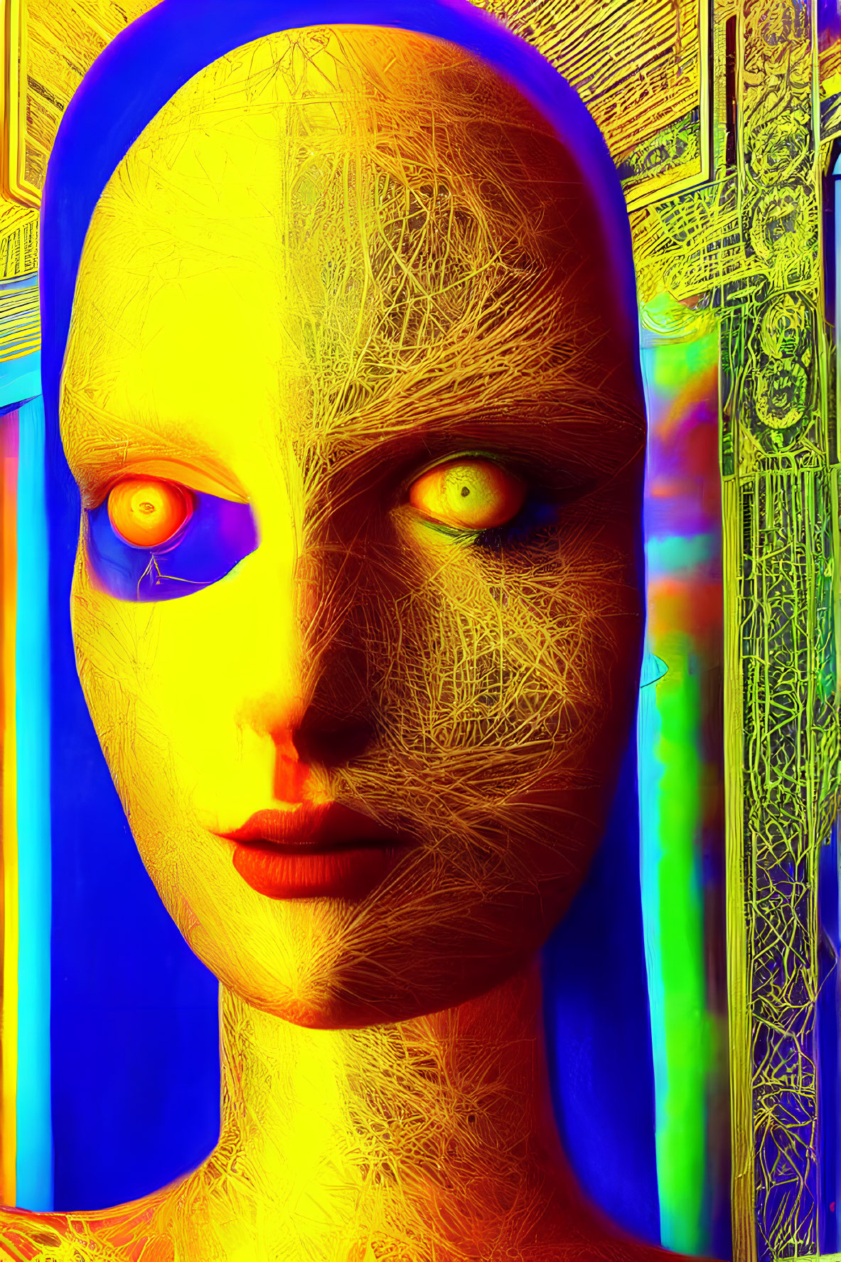 Surreal portrait featuring figure with blue headscarf, golden skin, and multicolored eyes