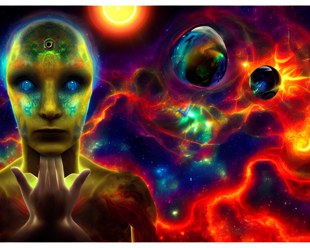 Cosmic-themed digital artwork of humanoid figure in galaxy skin with nebula backdrop