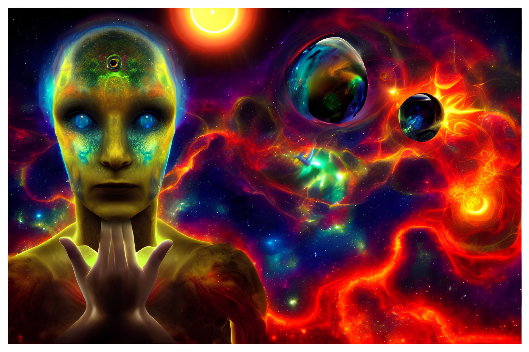 Cosmic-themed digital artwork of humanoid figure in galaxy skin with nebula backdrop