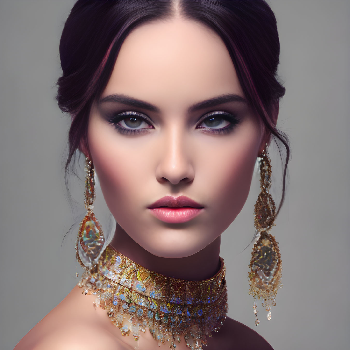 Woman with Bold Makeup and Golden Accessories on Neutral Background