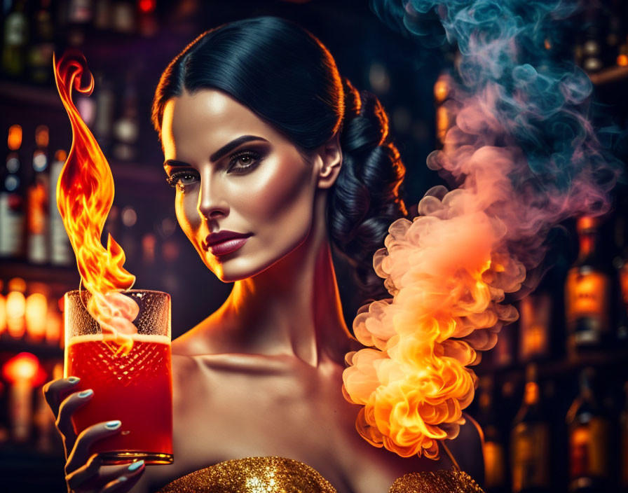 Woman with bold makeup holding flaming cocktail in vibrant bar scene