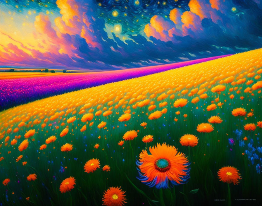 Colorful flower field painting under dramatic sky with glowing orbs