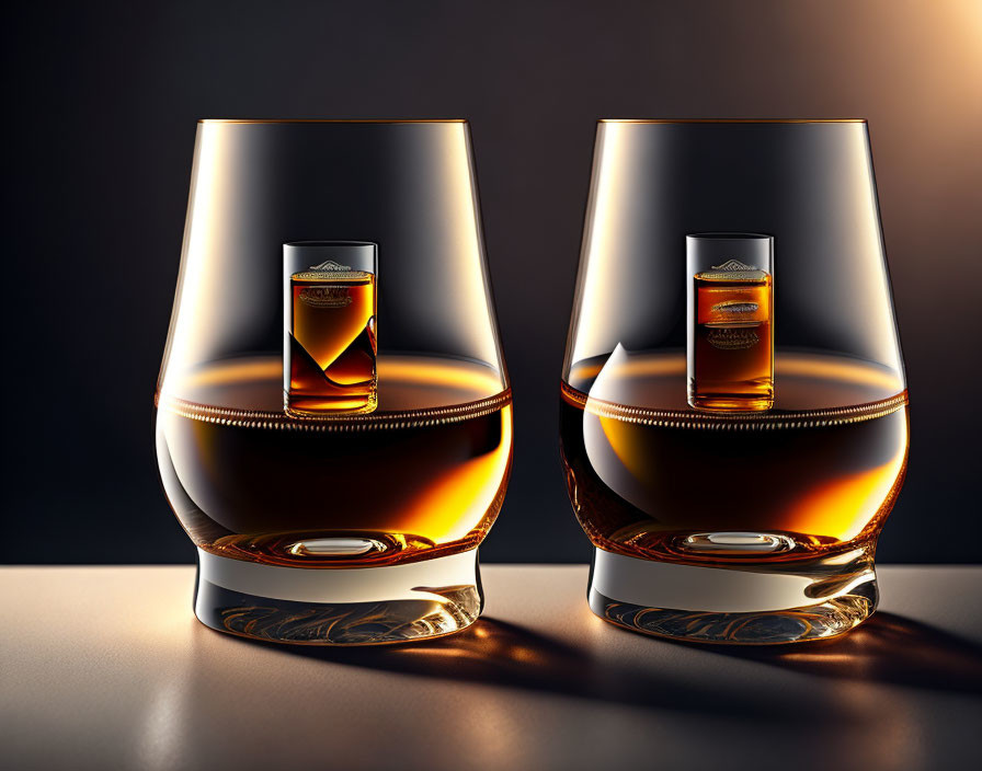 Elegant whiskey glasses on dark background with light reflections