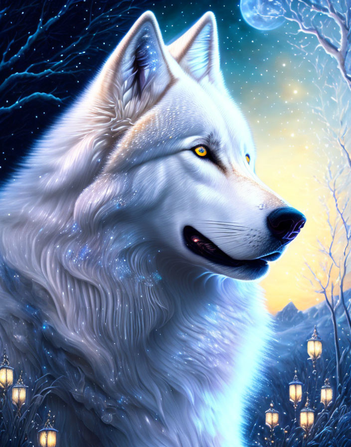 White wolf with yellow eyes in snowy landscape with lanterns & starry sky