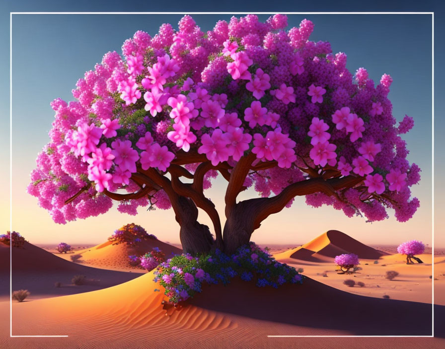 Pink blossoming tree in serene desert landscape with rolling dunes