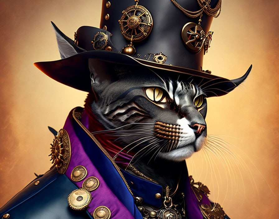 Digitally altered image: Cat with human-like eyes in steampunk outfit