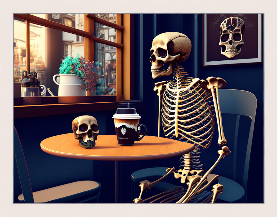 Skeleton figure with coffee cup in cozy cafe setting