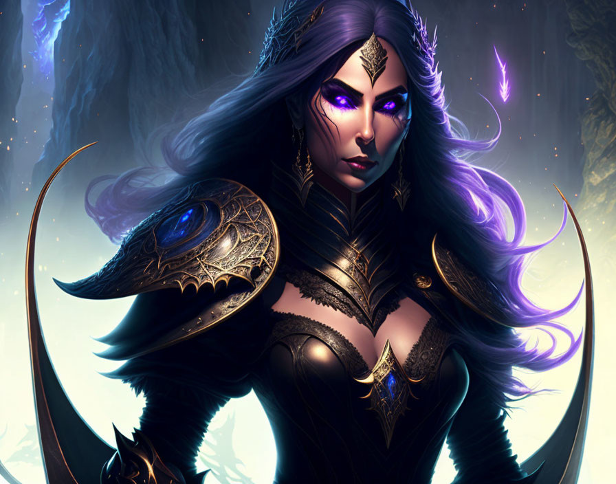 Fantasy female character with purple hair in black and gold armor.