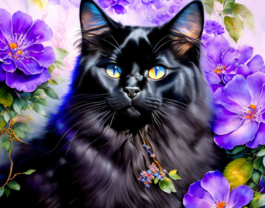 Black Cat with Yellow Eyes Among Purple Flowers