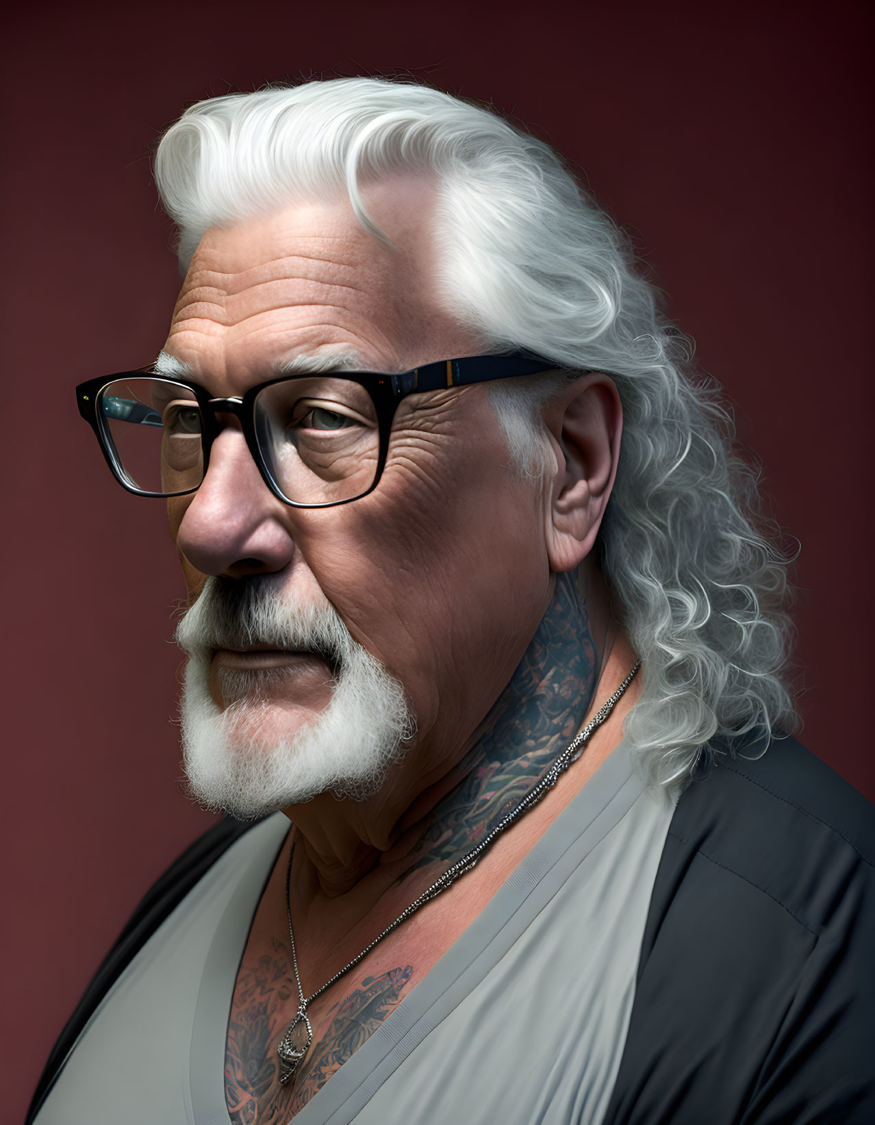 Elderly man with white hair, beard, glasses, and neck tattoos on red background