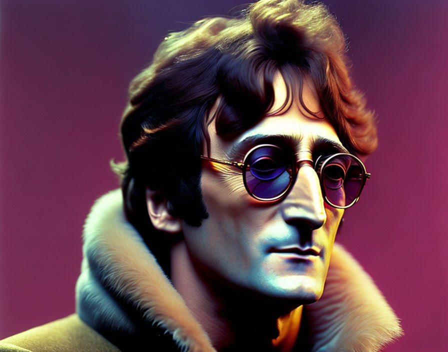 Vibrant portrait of a man in purple sunglasses and fur coat on pink background