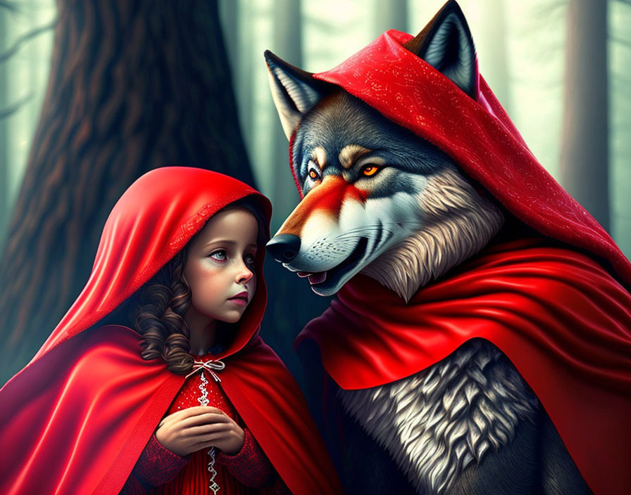 Young girl and wolf in red cloaks in enchanted forest