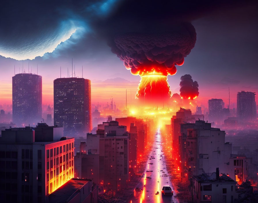 Dramatic artwork: Massive nuclear explosion in cityscape