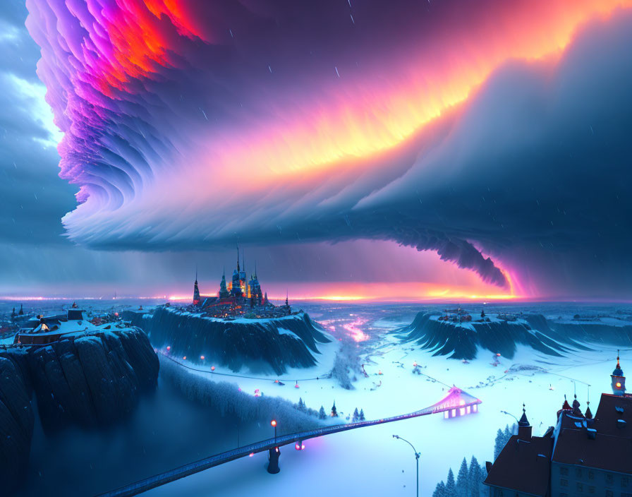 Vibrant aurora over castle and snow-covered village