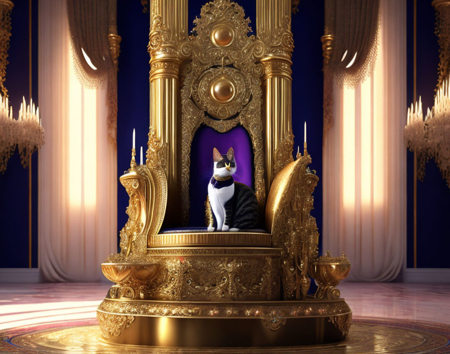 Regal cat on golden throne in luxurious room