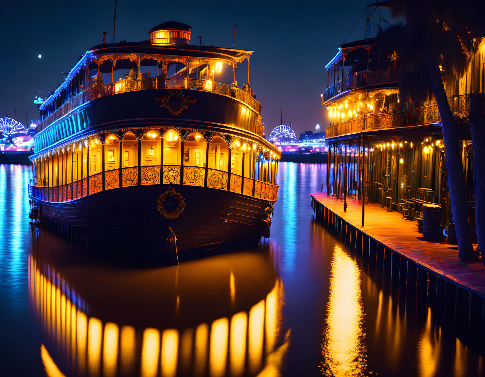 Nighttime paddle steamer docked with lights reflecting on calm water