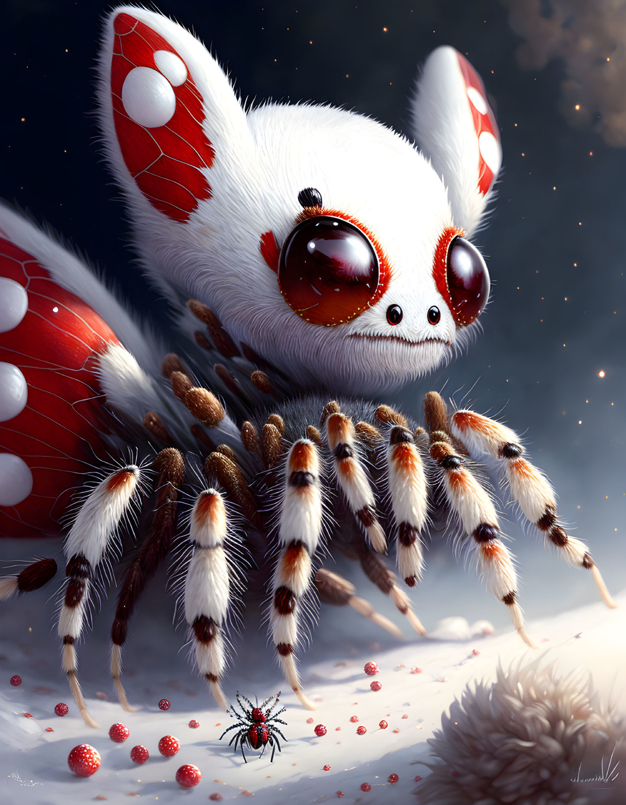 Fantastical creature with white furry body, glossy eyes, red spots, and spider-like legs on