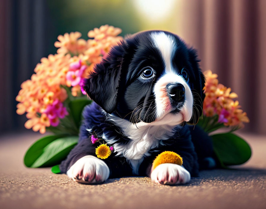 Adorable black and white puppy in a colorful outdoor setting