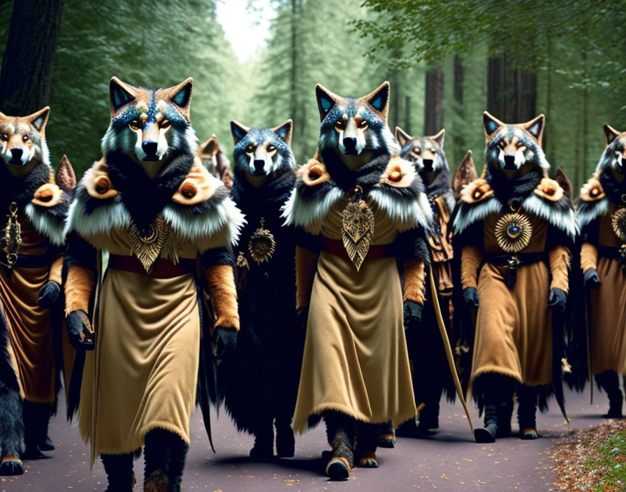 Group in Fox Masks & Fantasy Costumes Marching in Forest