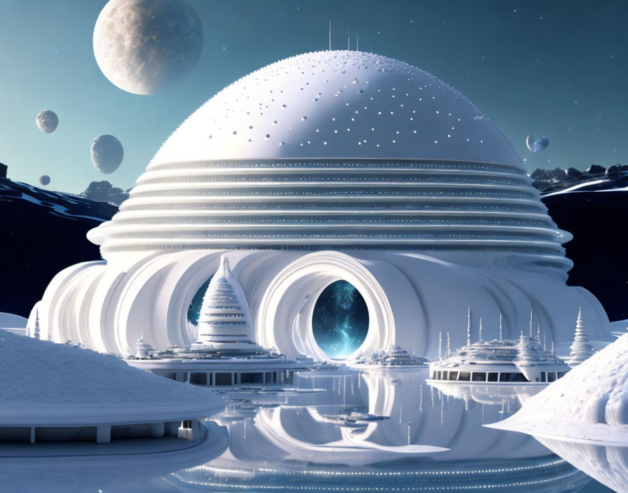 Futuristic white dome structure in snowy landscape with starry sky