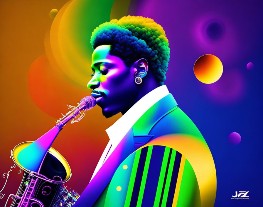 Colorful digital art of musician with saxophone on psychedelic backdrop