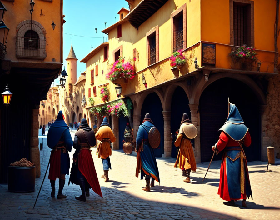 Medieval group in costumes on vibrant street with flowers